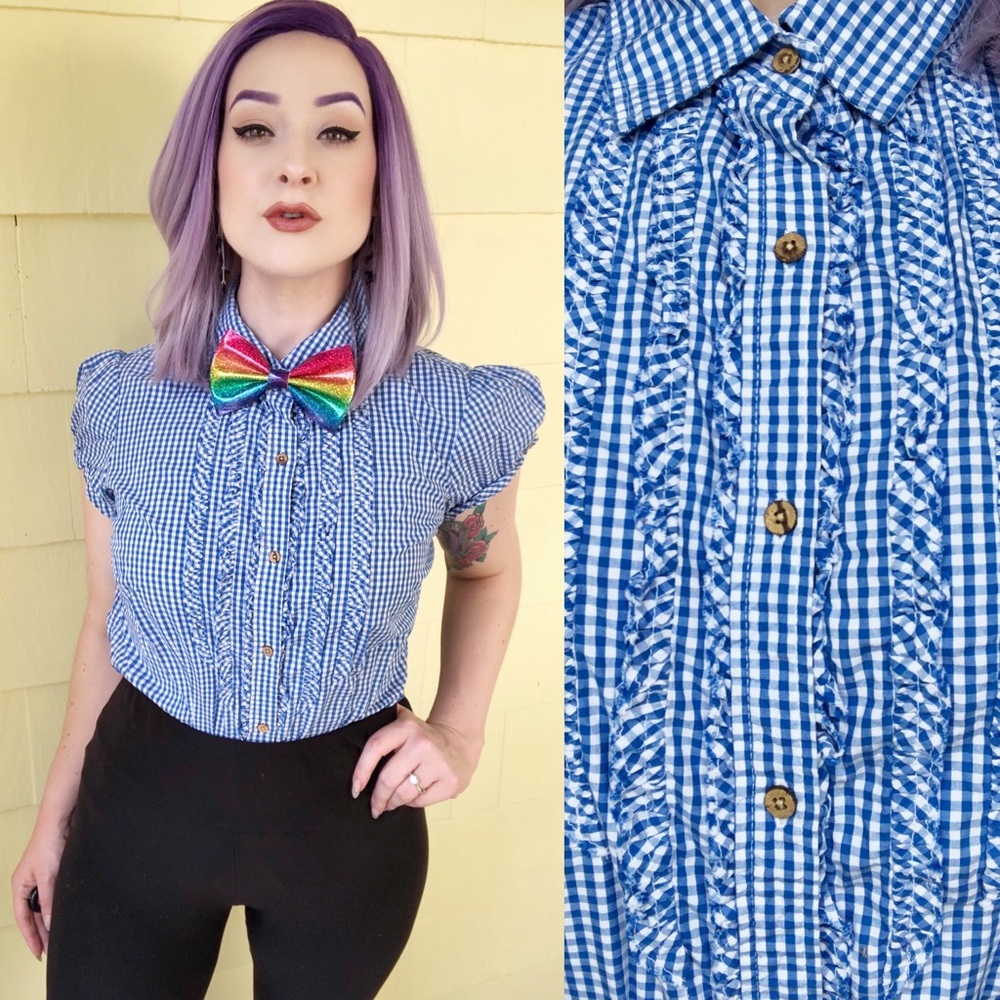 Cute Puff Sleeve Gingham Ruffled Button Up Blouse